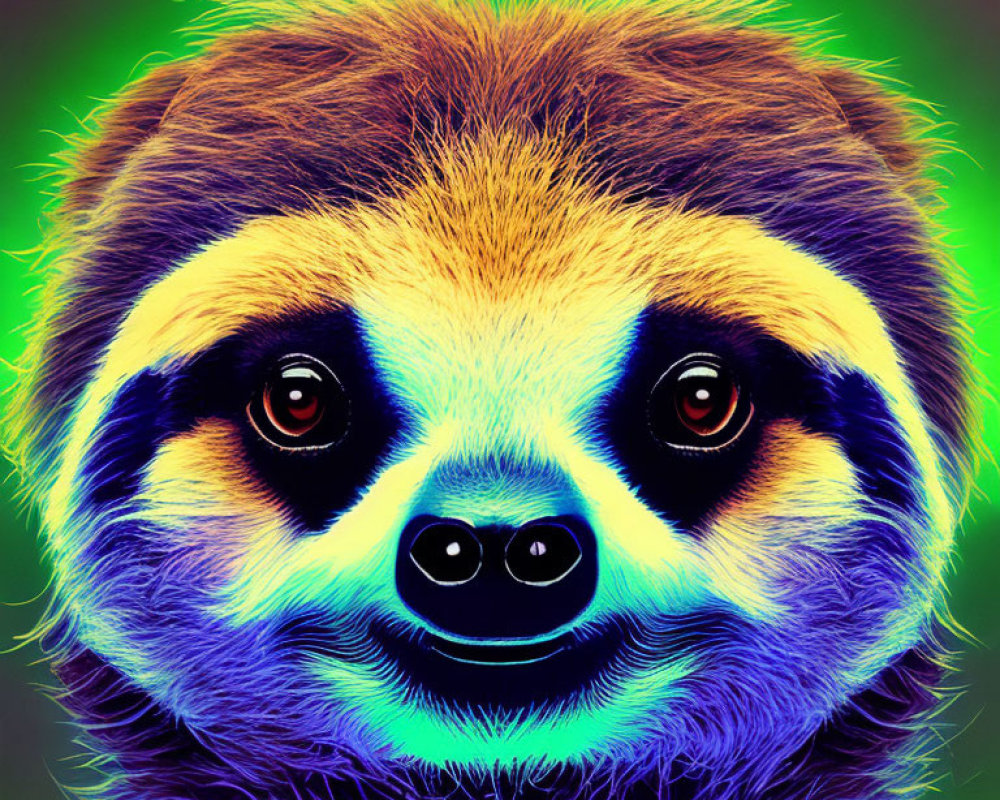 Colorful close-up of a sloth's face with neon green, yellow, and purple hues