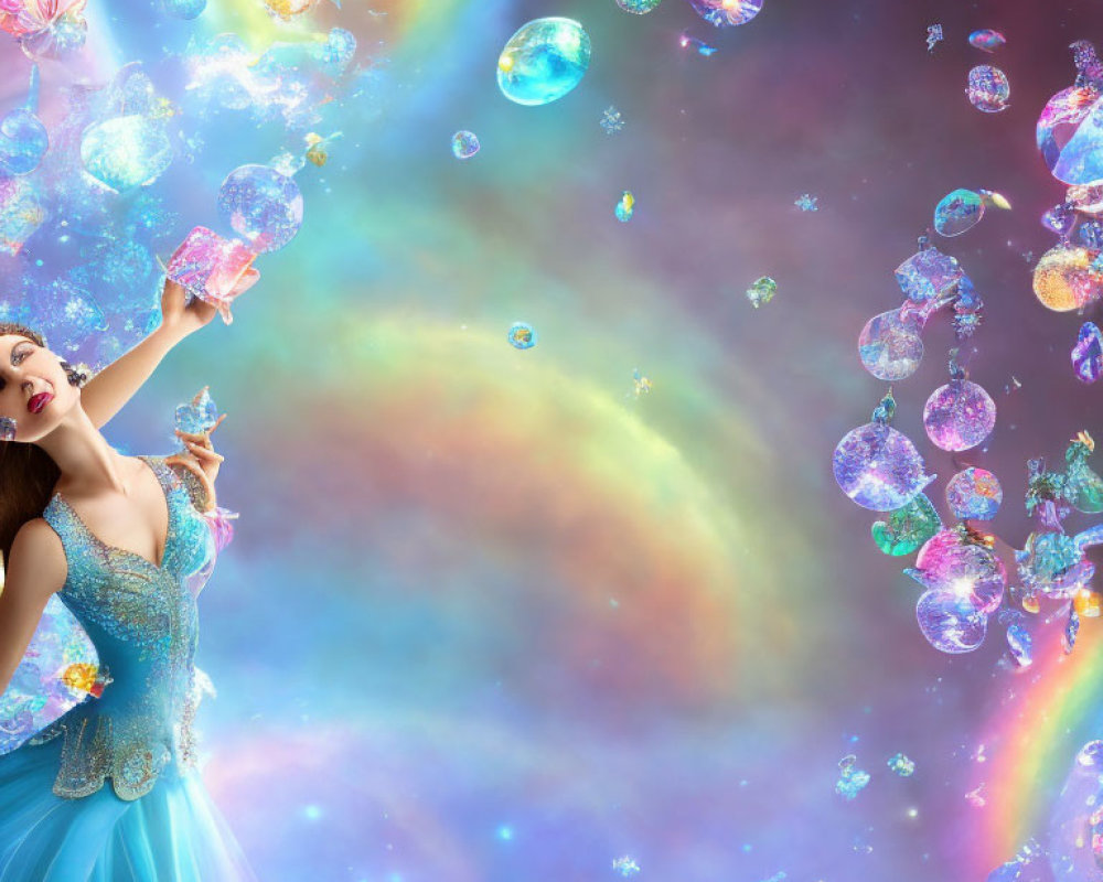 Colorful bubbles and whimsical cosmos background with joyful woman in blue dress.