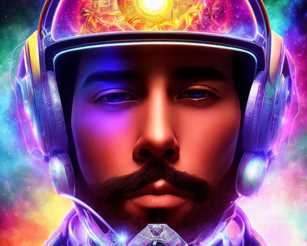 Futuristic digital art: bearded man in helmet and headphones