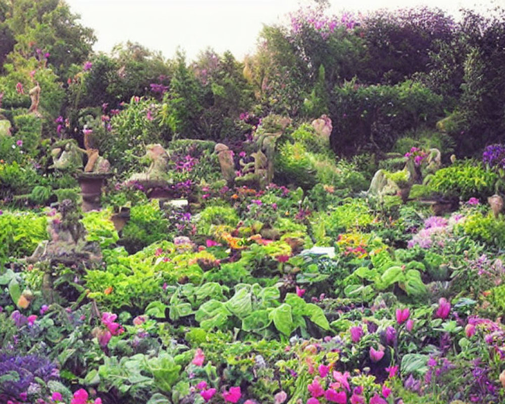 Colorful Flower Garden with Stone Figures & Greenery