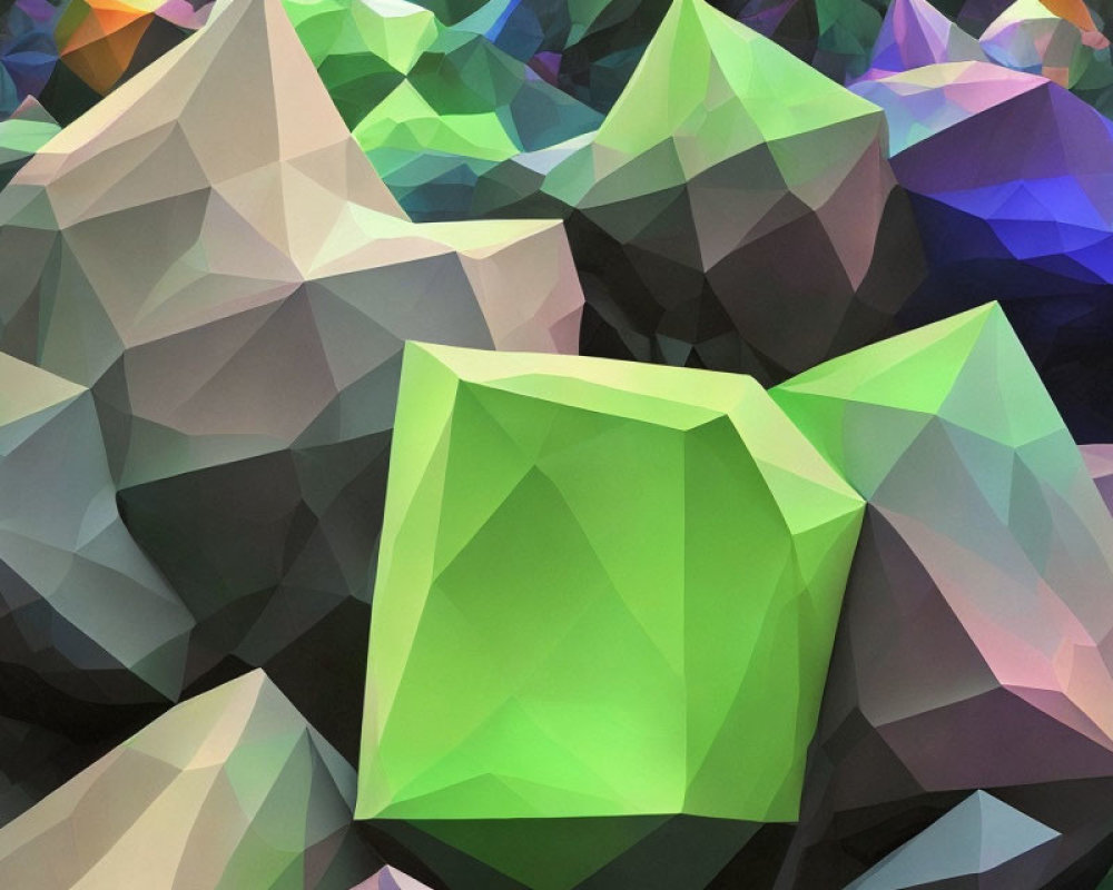 Multicolored low-poly crystalline shapes with green crystal.