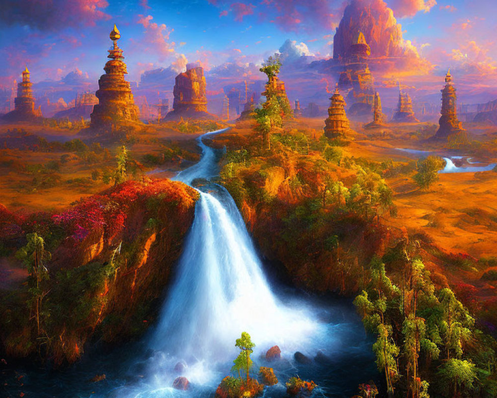 Fantasy landscape with waterfall, exotic trees, ancient towers, colorful sunset sky