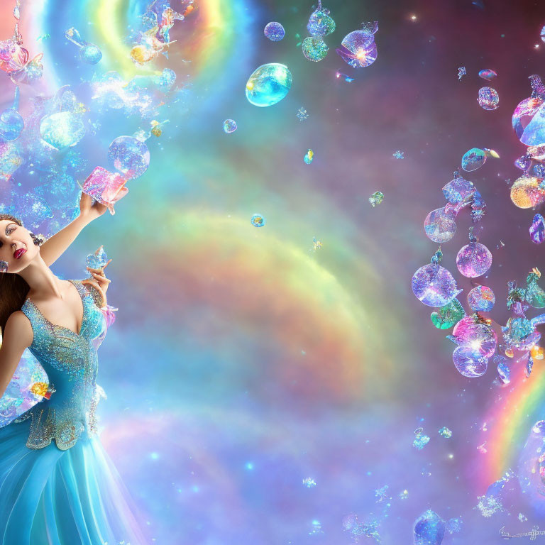 Colorful bubbles and whimsical cosmos background with joyful woman in blue dress.