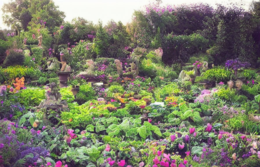 Colorful Flower Garden with Stone Figures & Greenery