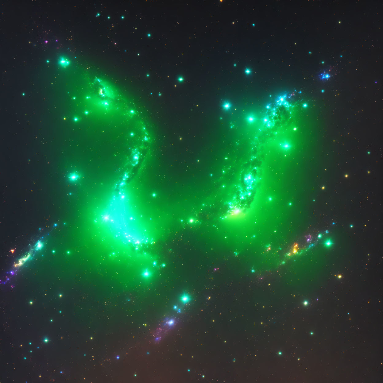 Swirling green nebulae and stars in cosmic scene