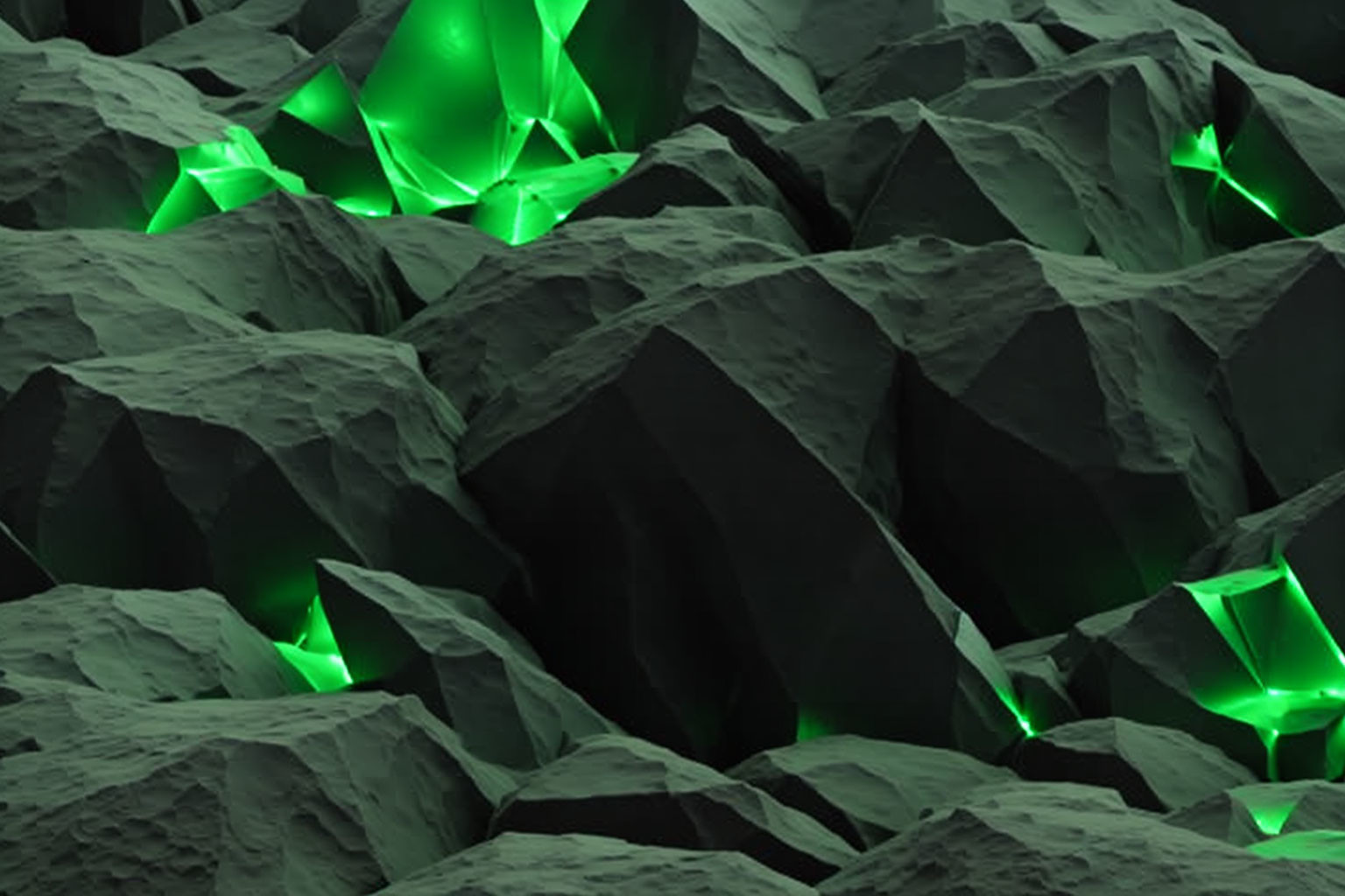 Abstract landscape: Dark rocks with glowing green crystals