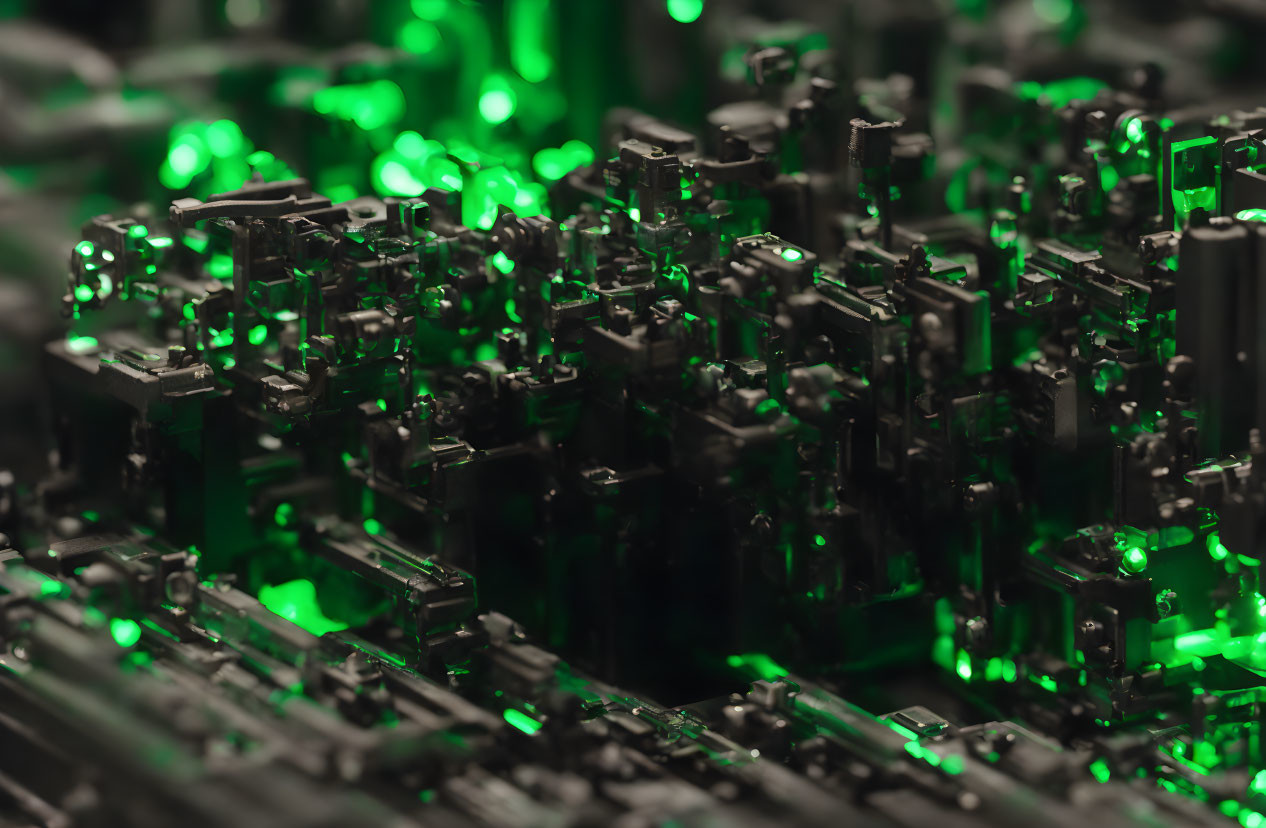 Detailed Close-Up of Metallic Structures in Green Ambient Light