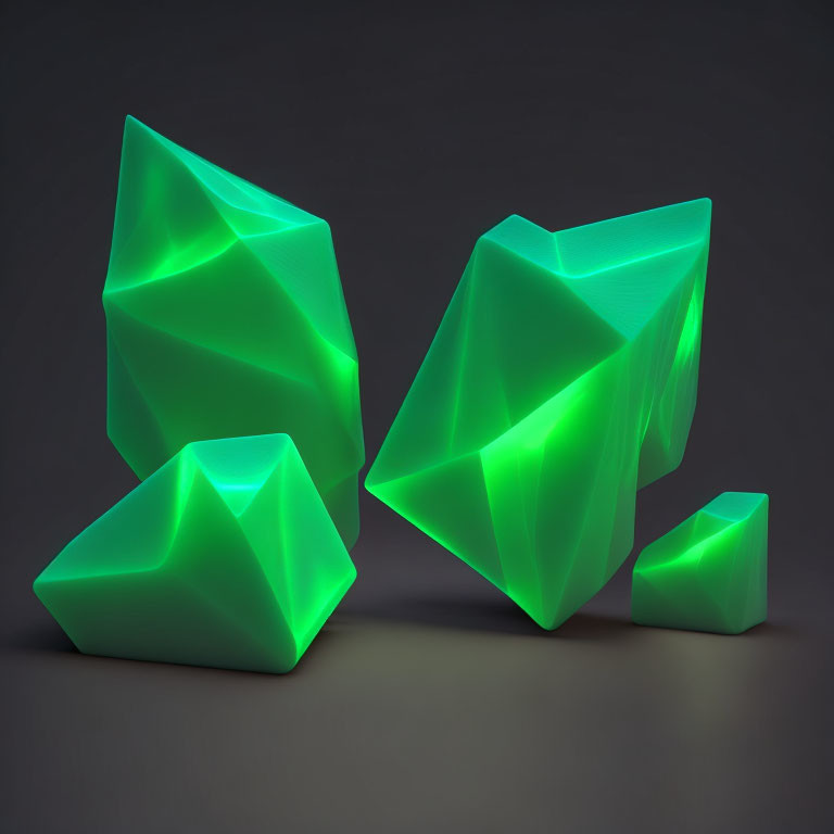 Five Green Geometric Crystal Shapes on Dark Background