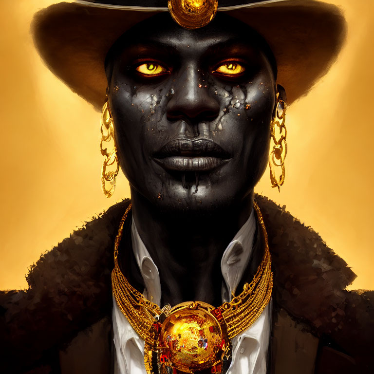 Digital painting of person with dark, stone-like skin and golden eyes in ornate attire on golden background