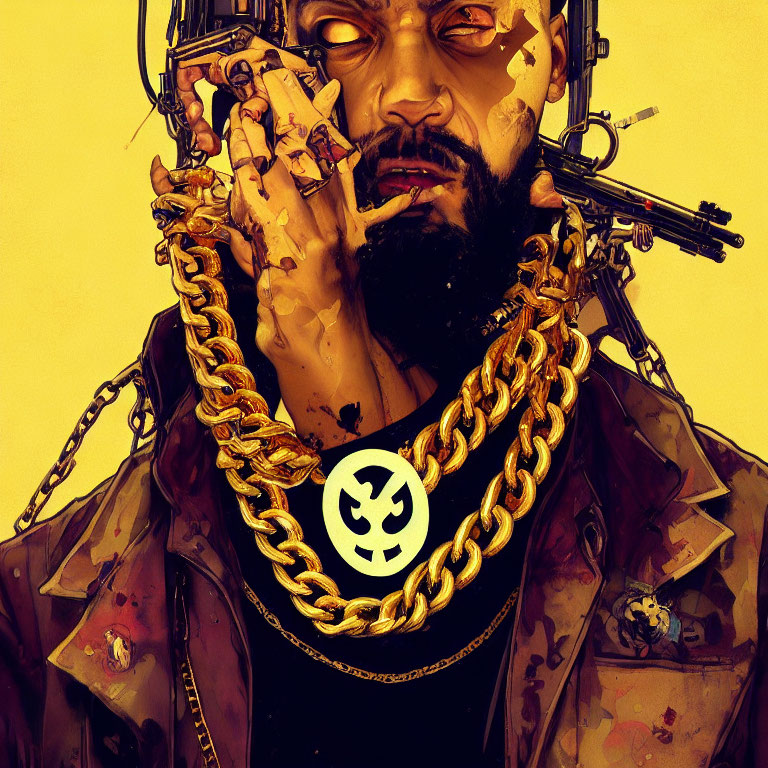 Man with Beard, Gold Chains, Tactical Vest, Surrounded by Phone Call Gestures