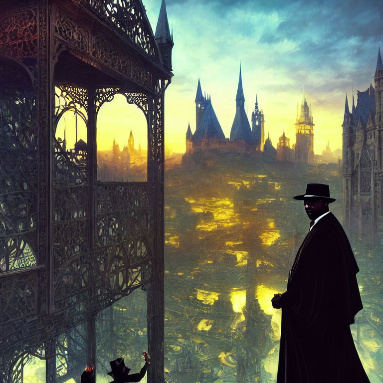 Person in trench coat and hat on balcony overlooking fantasy cityscape at sunset.