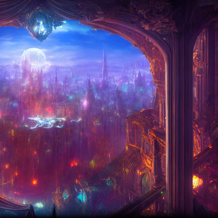 Fantasy landscape with ethereal cities and flying creature under moon