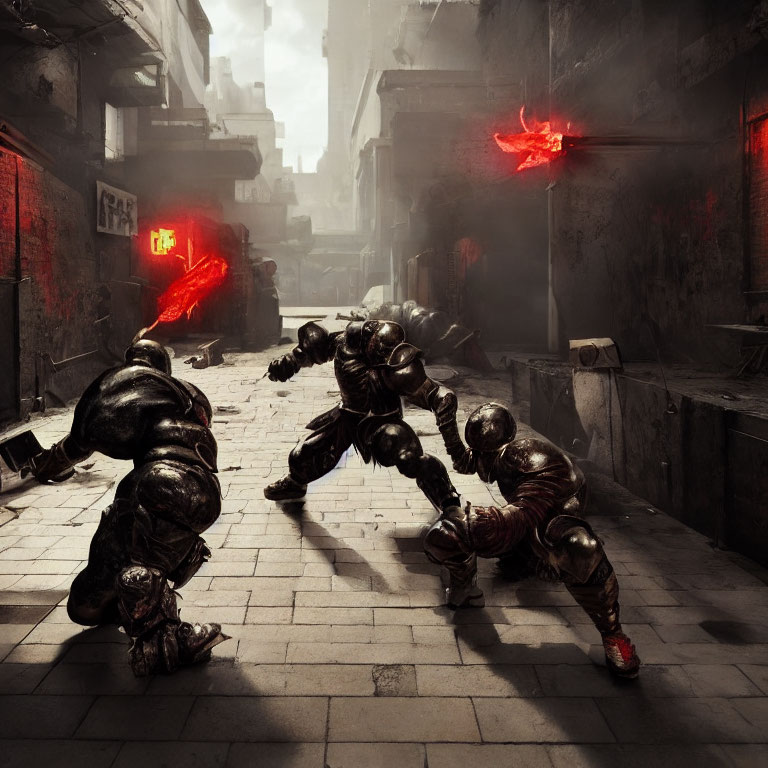 Armored figures with glowing red weapons in misty city alley