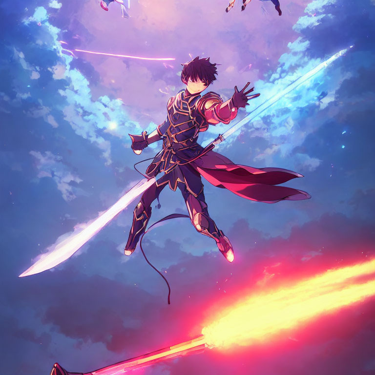 Dark-haired anime character in black armor wields glowing sword in sky battle