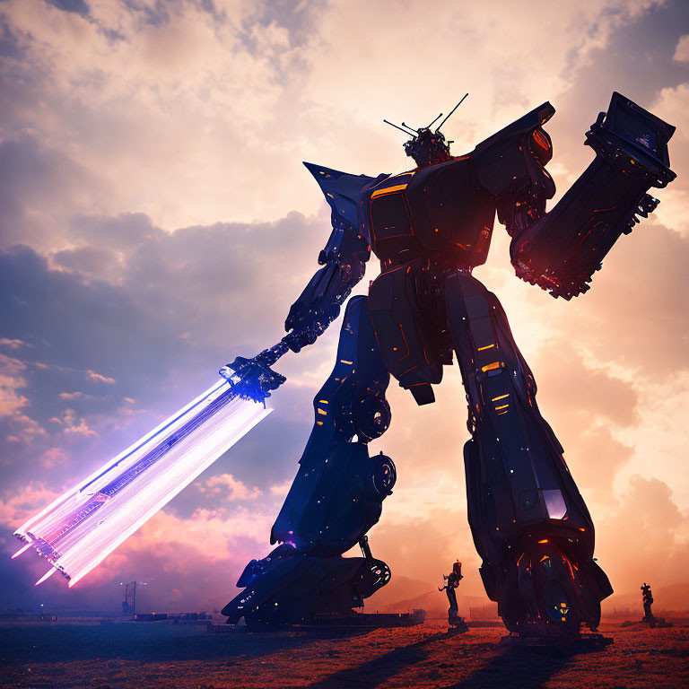 Giant robot with purple cannons in dramatic dusk setting