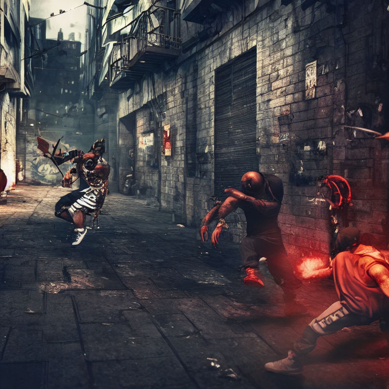 Post-apocalyptic urban alleyway battle with supernatural powers