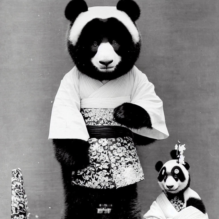 Surreal black-and-white image of person with panda head in kimono