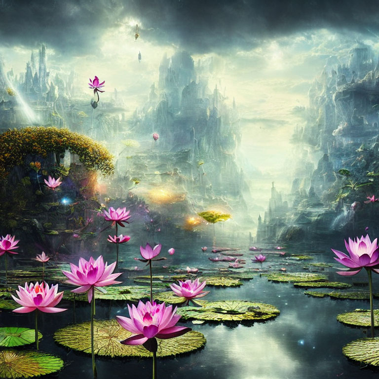 Mystical landscape with pink lotus flowers, floating lights, and towering rock formations