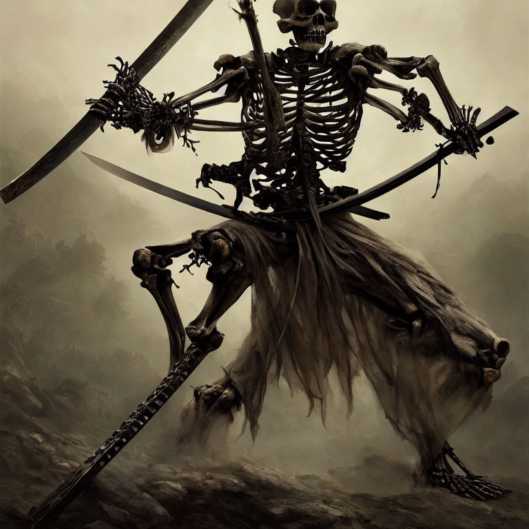 Skeletal figure with multiple swords in misty backdrop