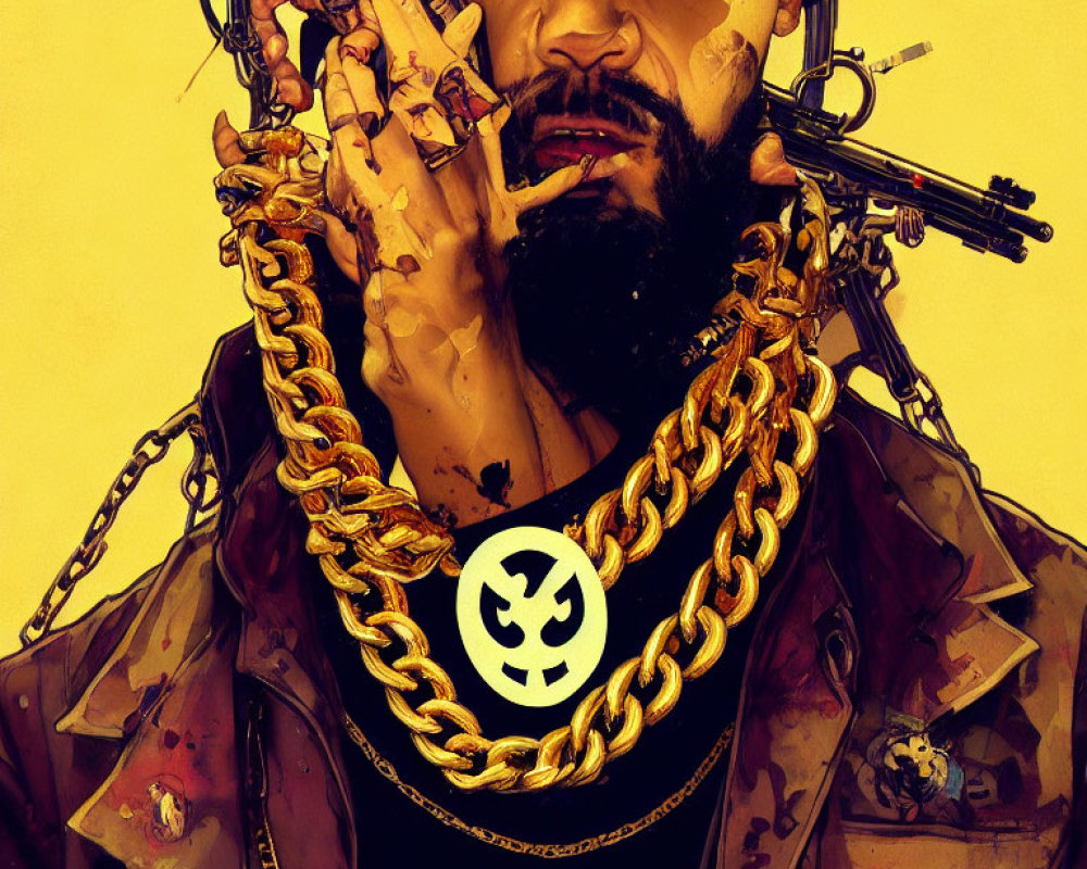 Man with Beard, Gold Chains, Tactical Vest, Surrounded by Phone Call Gestures