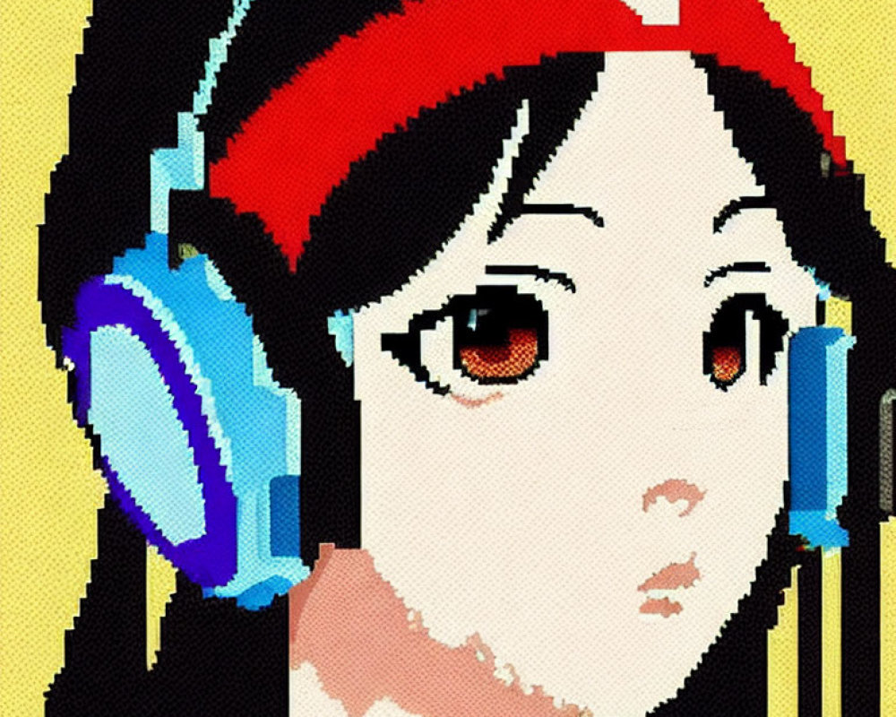 Girl with Red Headband and Blue Headphones on Yellow Background