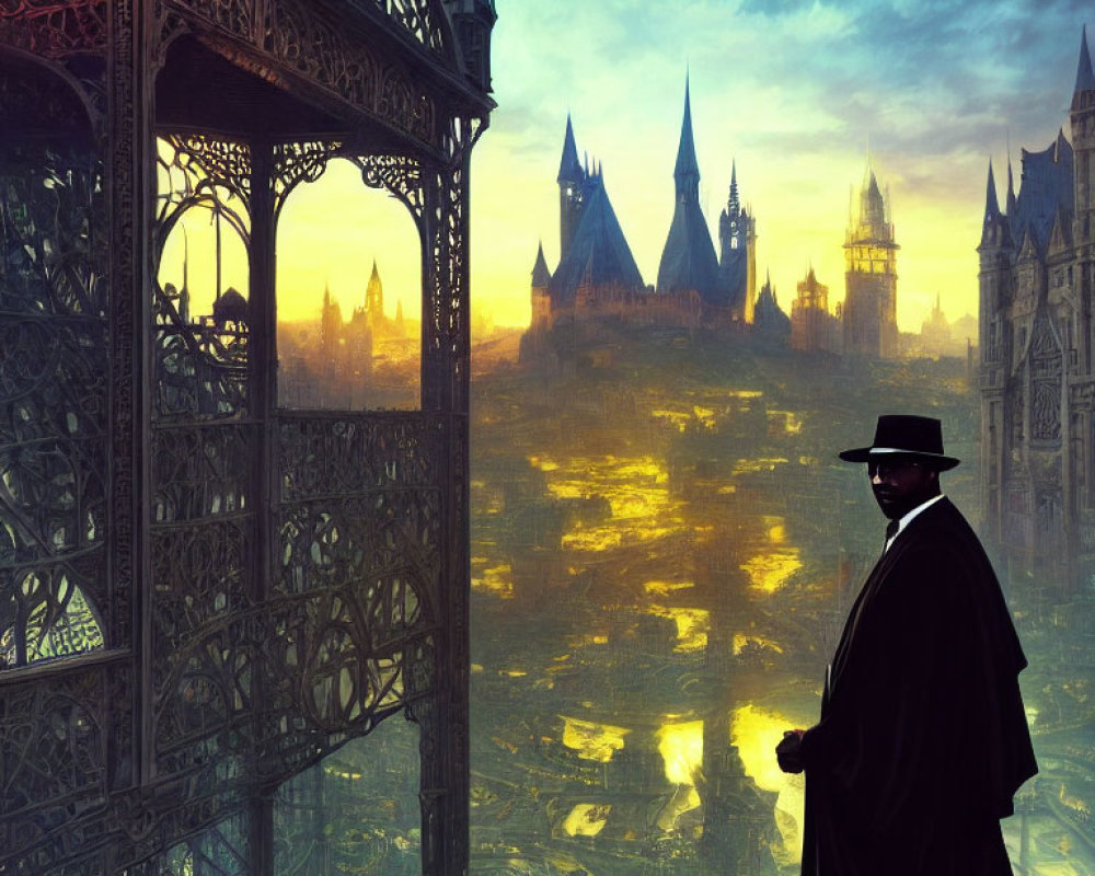 Person in trench coat and hat on balcony overlooking fantasy cityscape at sunset.