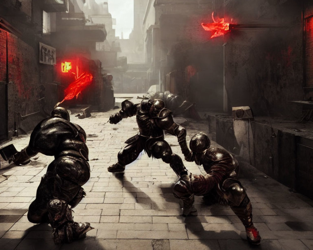 Armored figures with glowing red weapons in misty city alley