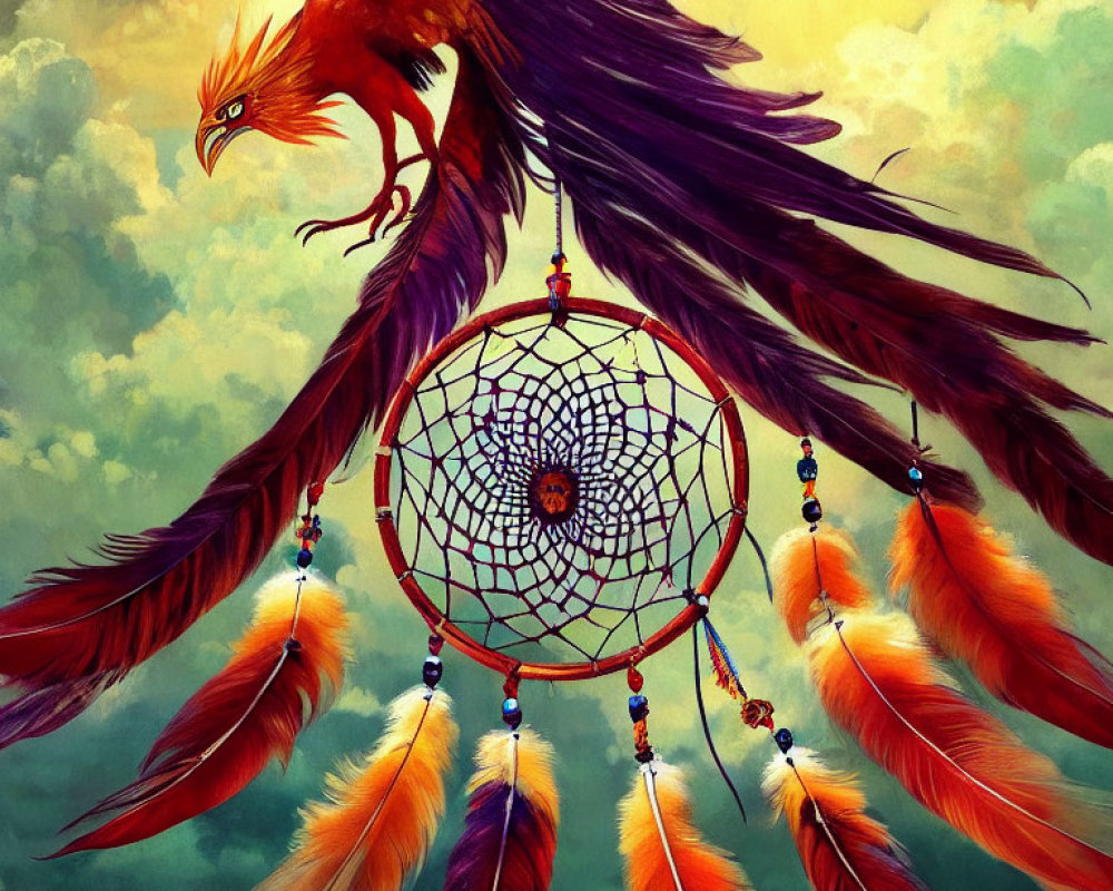 Colorful Phoenix Perched on Dreamcatcher Against Cloudy Sky