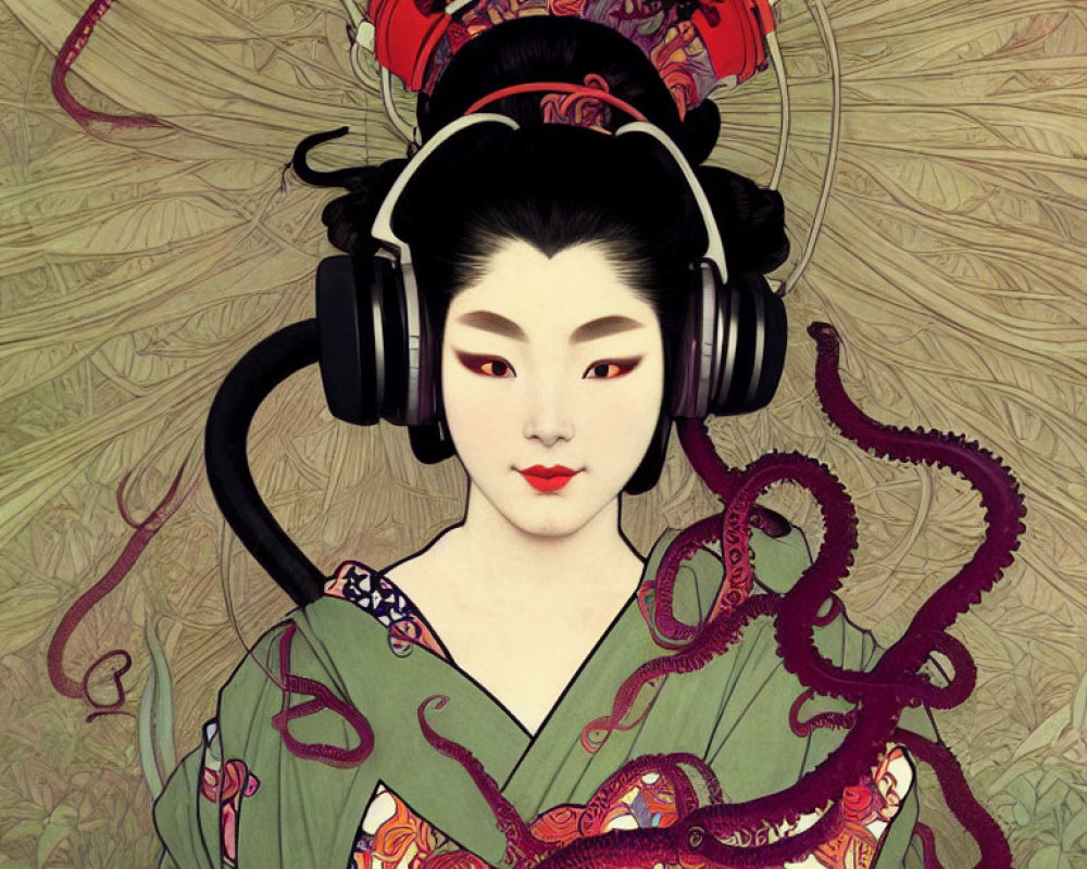 Geisha with headphones and octopus design illustration.