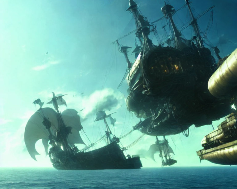 Fantastical mid-air battle between two large ships above the ocean