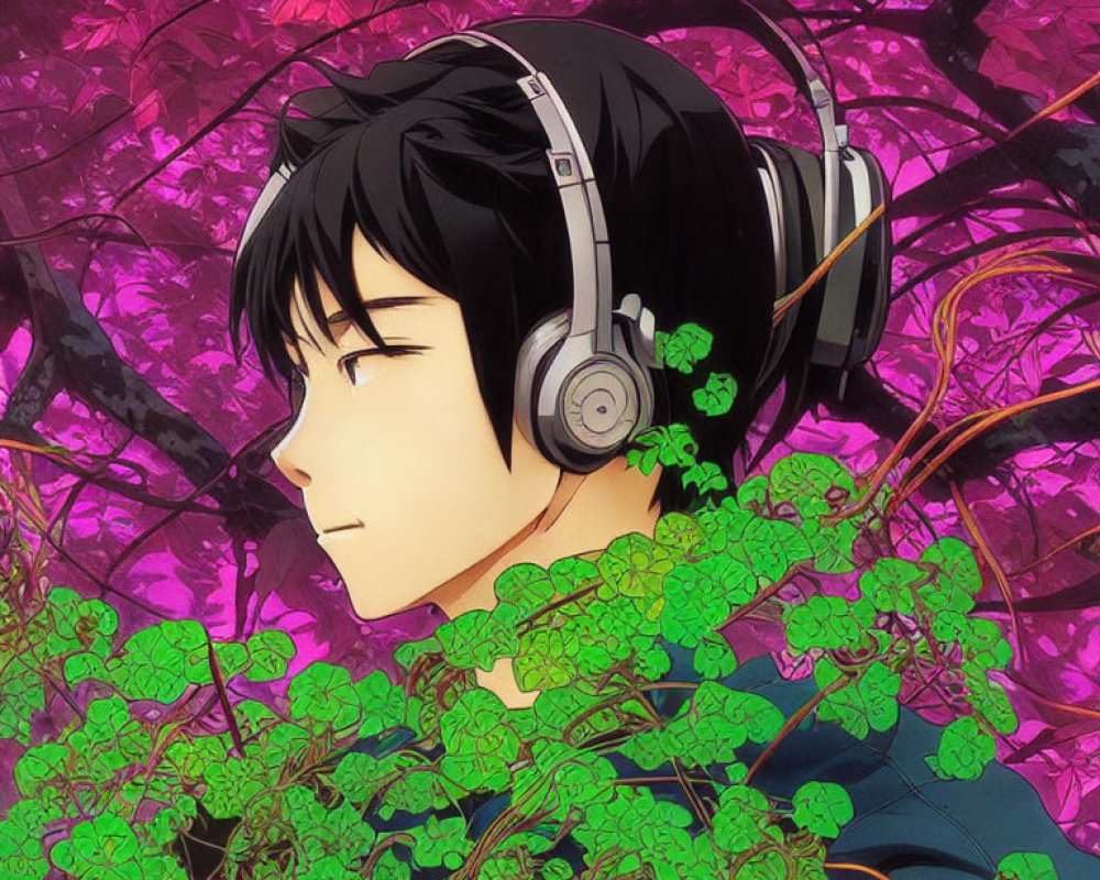 Tranquil anime character with headphones in lush green and pink setting