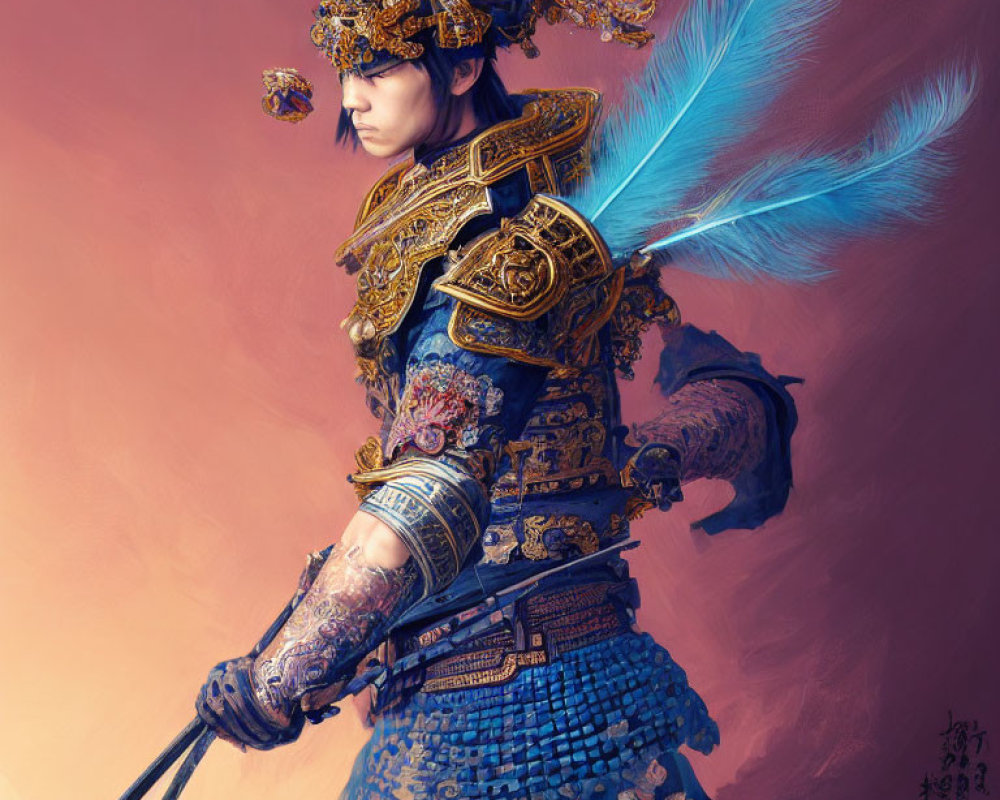 Detailed digital art of warrior in blue & gold armor with ornate helmet & feather accessory