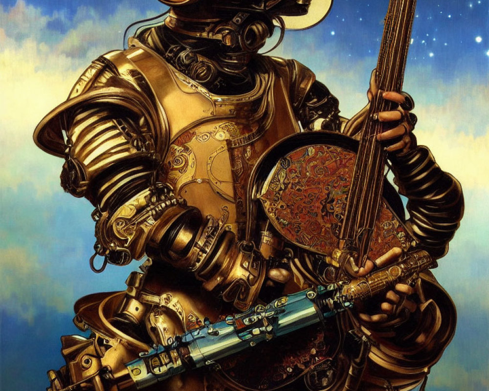 Detailed Steampunk-Style Robot Playing Stringed Instrument Under Starry Sky