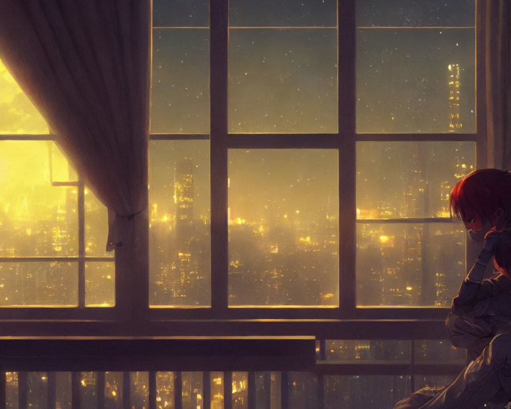 Contemplative figure by large window at night with cityscape view