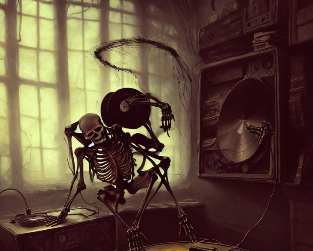 Skeleton listening to music beside turntable in vintage room