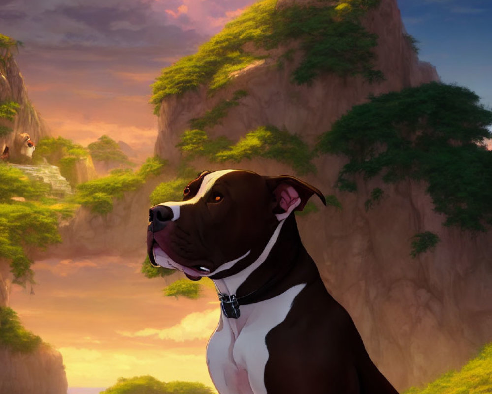 Muscular brown and white dog with black collar in fantasy landscape