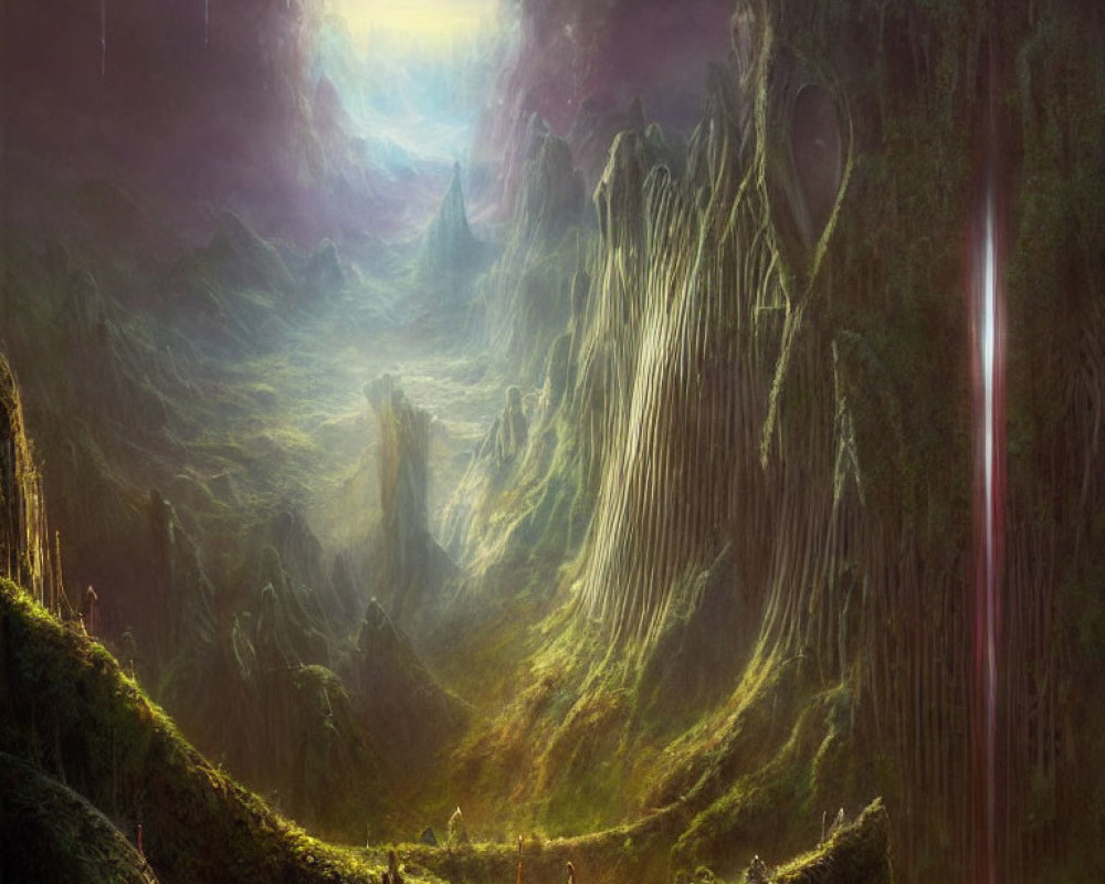 Luminous waterfalls, jagged cliffs, and mystic light beam in fantastical landscape