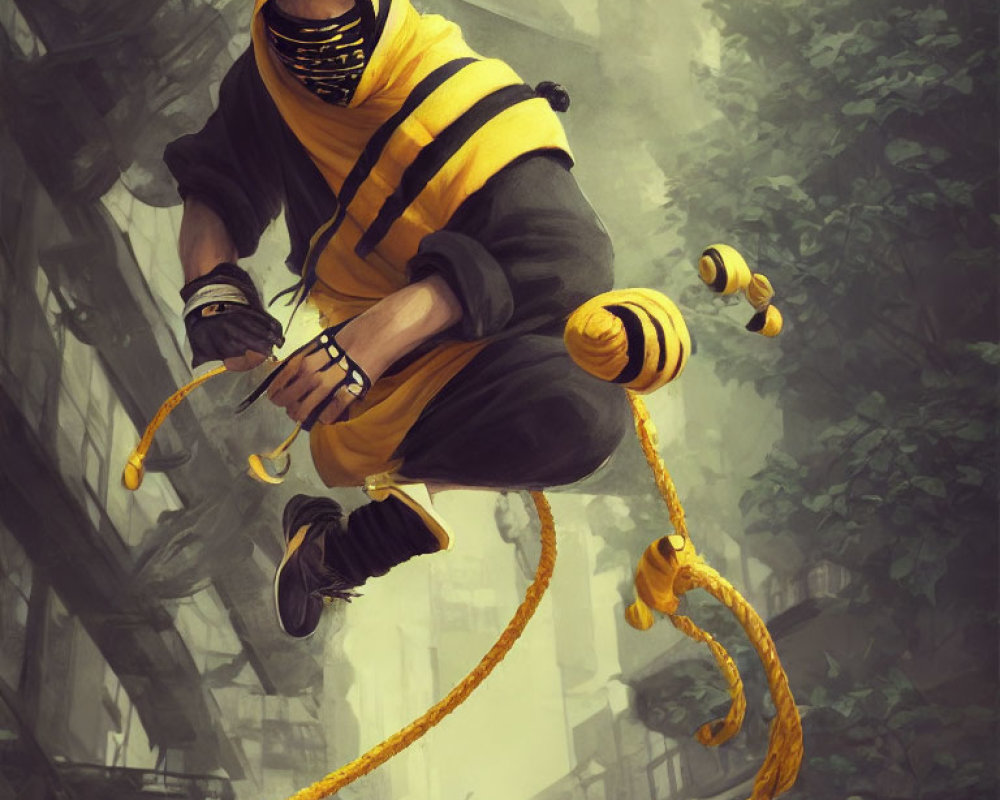 Stylized ninja illustration in black and yellow outfit leaping with rope dart weapon in urban setting.