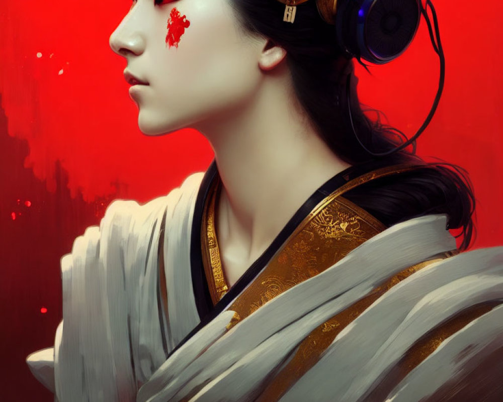 Digital artwork of woman in traditional attire with headphones on red backdrop and stylized paint splash near eye