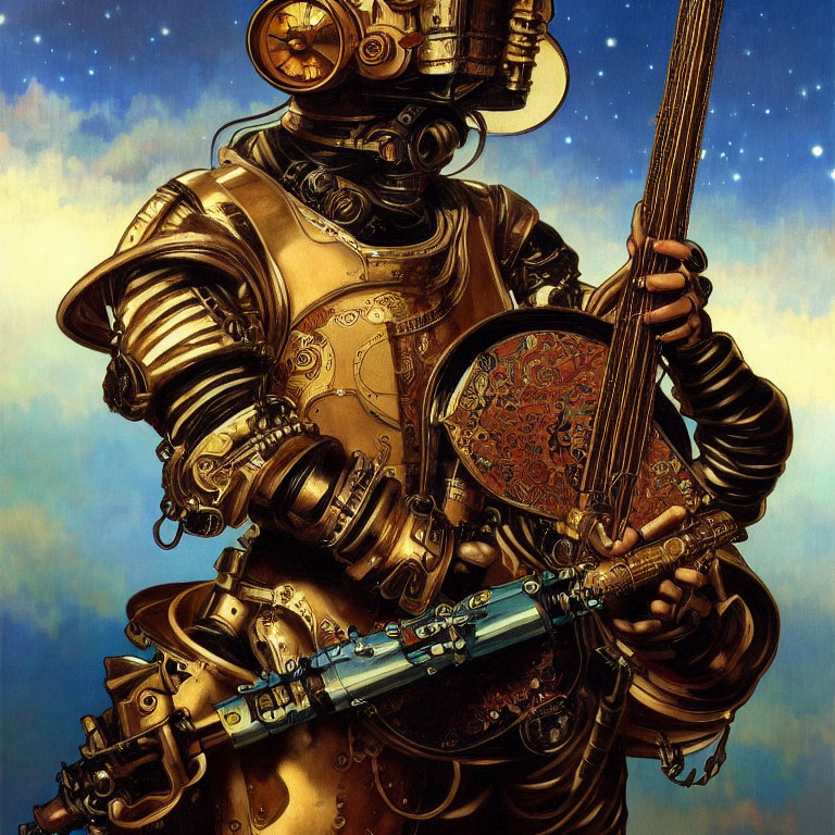 Detailed Steampunk-Style Robot Playing Stringed Instrument Under Starry Sky