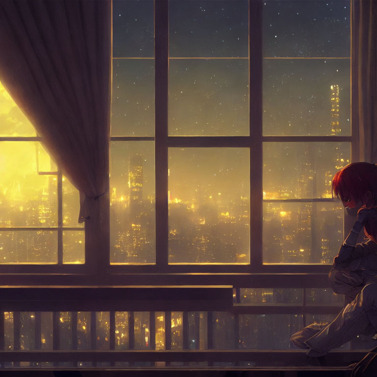 Contemplative figure by large window at night with cityscape view