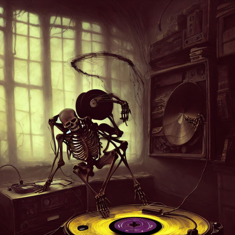 Skeleton listening to music beside turntable in vintage room