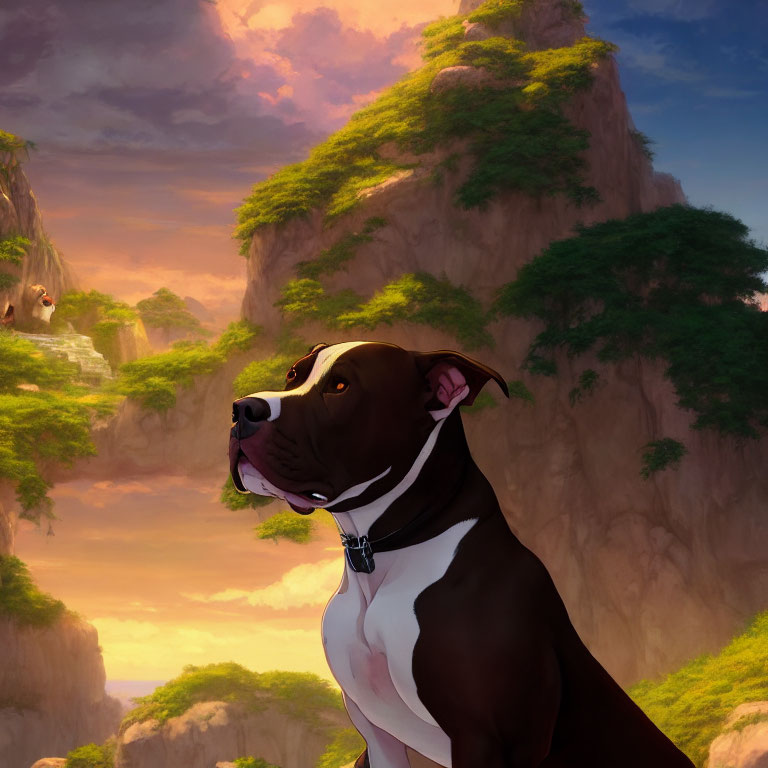 Muscular brown and white dog with black collar in fantasy landscape