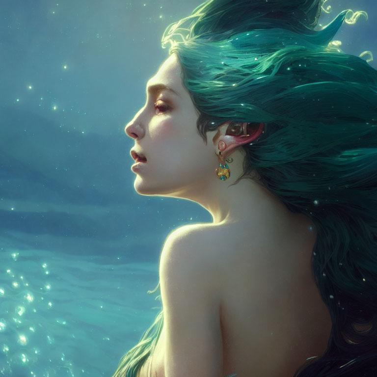 Woman with flowing green hair in mystical setting