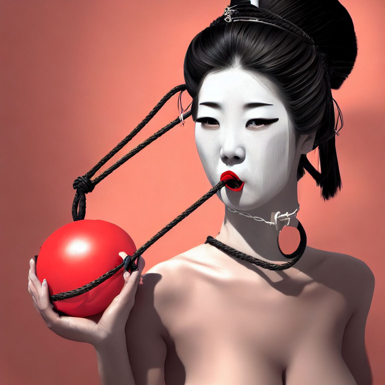 Stylized digital artwork of woman with geisha-like makeup and red ball on strings.