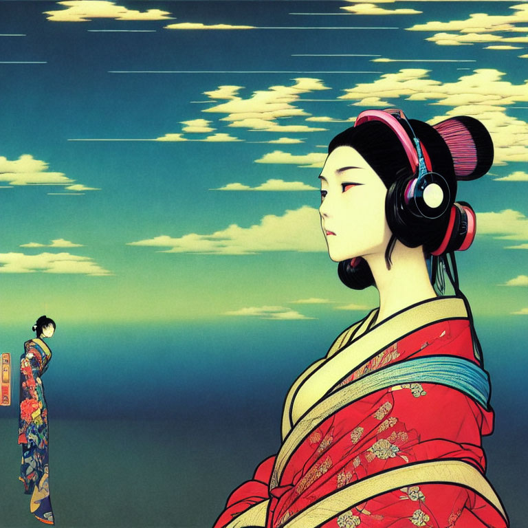 Illustration of two figures in Japanese attire against blue sky