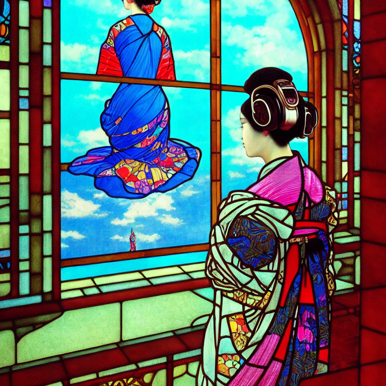 Colorful Kimono-Wearing Woman with Headphones and Vibrant Stained Glass Window