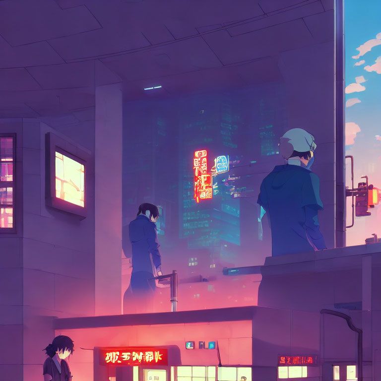 Two people on balcony at dusk with neon cityscape and seated figure