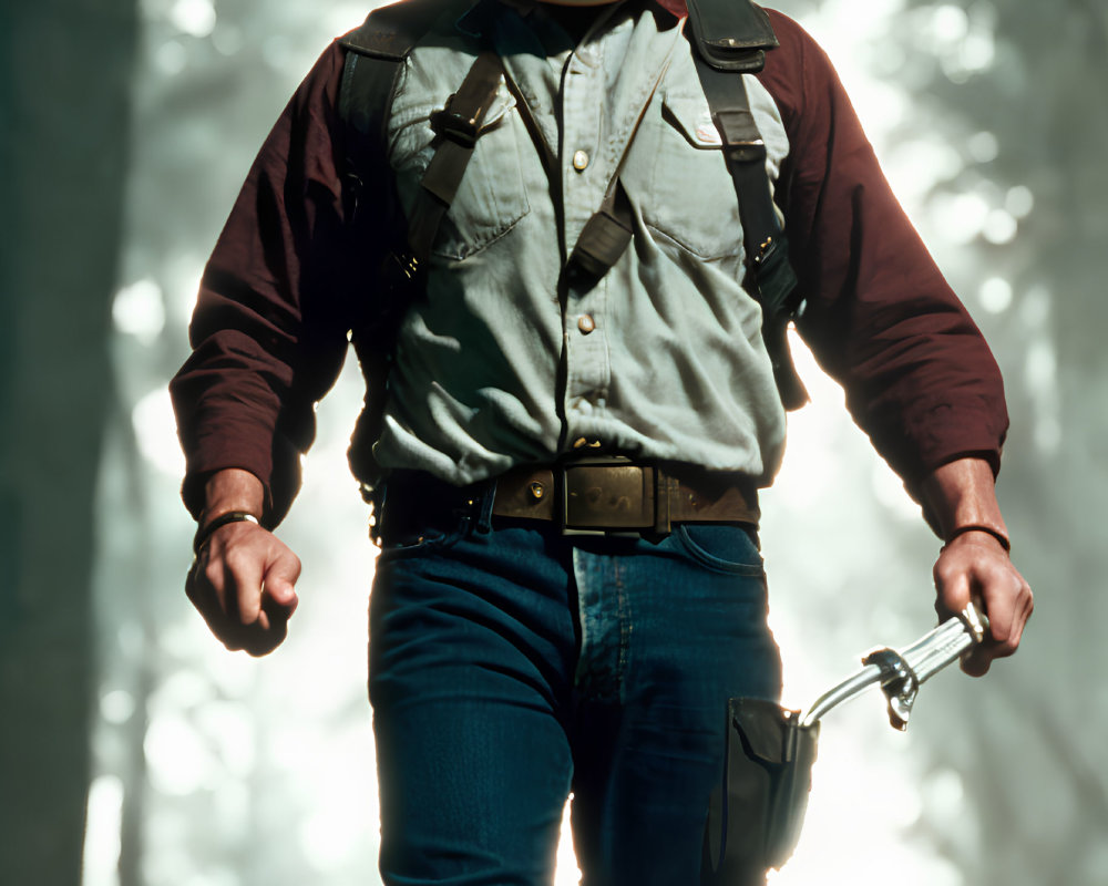 Person in hockey mask with knife in foggy forest symbolizes menace