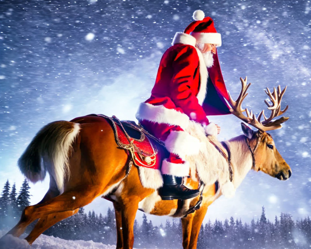 Santa Claus Riding Reindeer in Snowy Night Sky